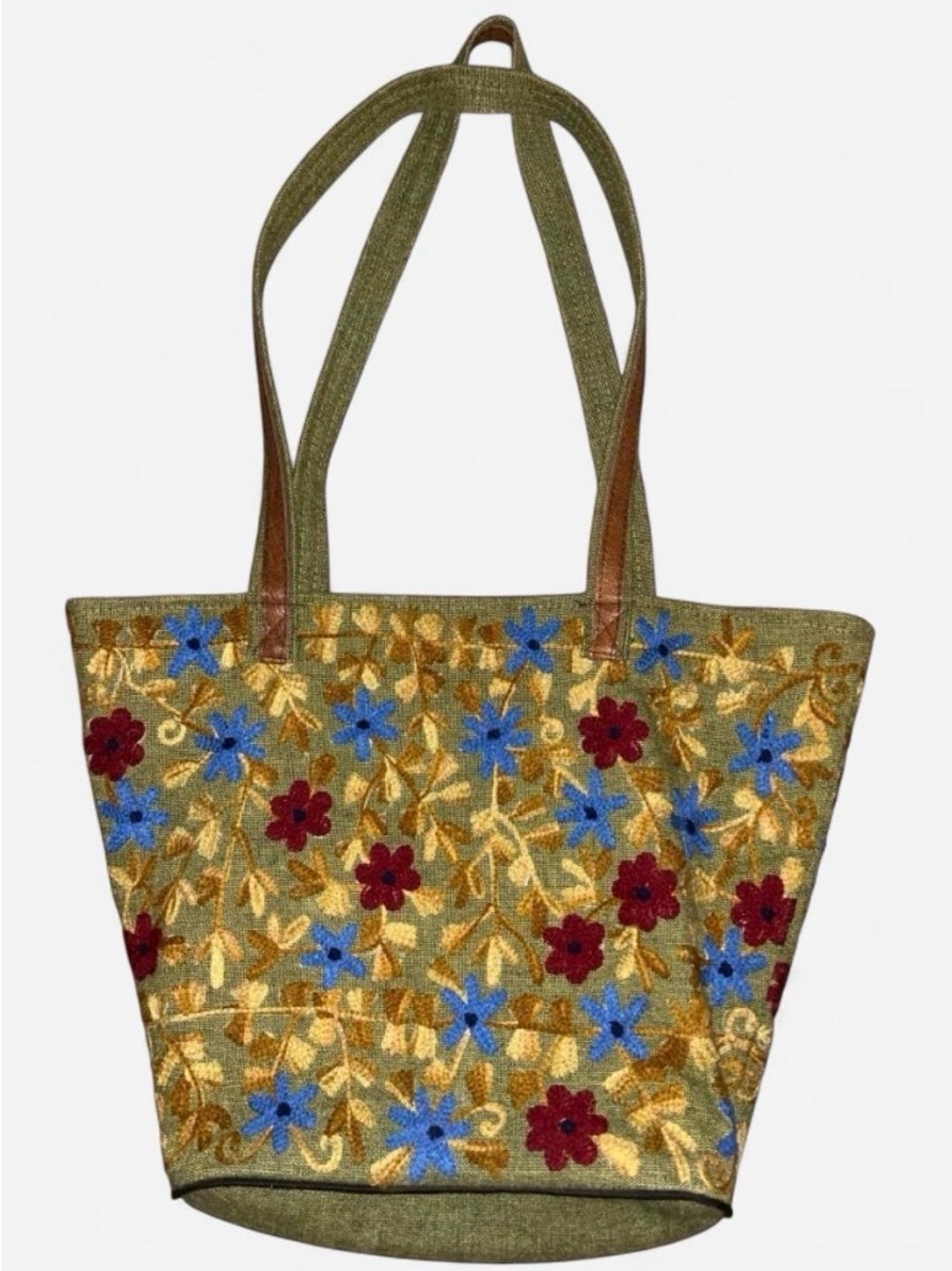 Embroidered Floral Green Tote Bag